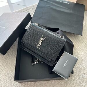 SOLD YSL Saint Laurent Sunset Wallet On Chain, Croc Embossed Black